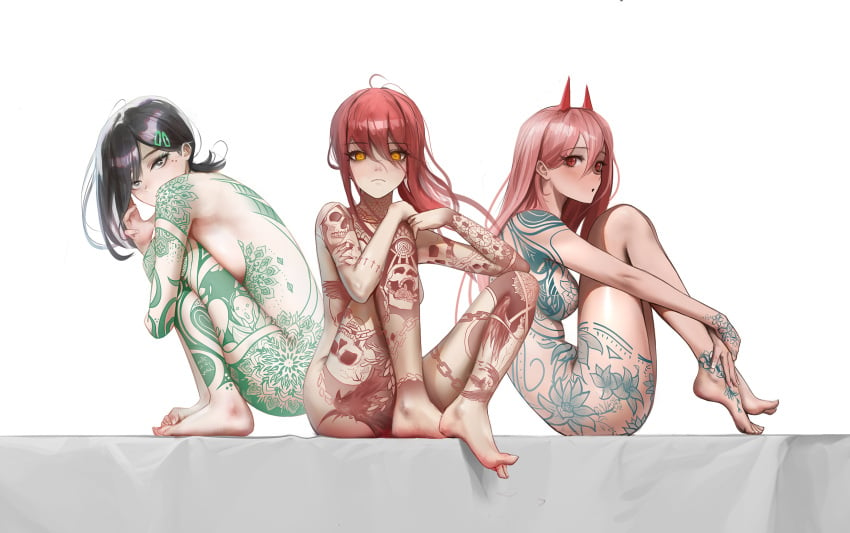 3girls bare_shoulders barely_clothed black_hair braid braided_ponytail breasts chainsaw_man choker female female_only full_body_tattoo higashiyama_kobeni holding_necktie large_breasts looking_at_viewer makima_(chainsaw_man) mawaw multiple_girls pink_hair pink_soles power_(chainsaw_man) red_hair ringed_eyes shoulders tattoo tattoos thick_thighs thighs yellow_eyes