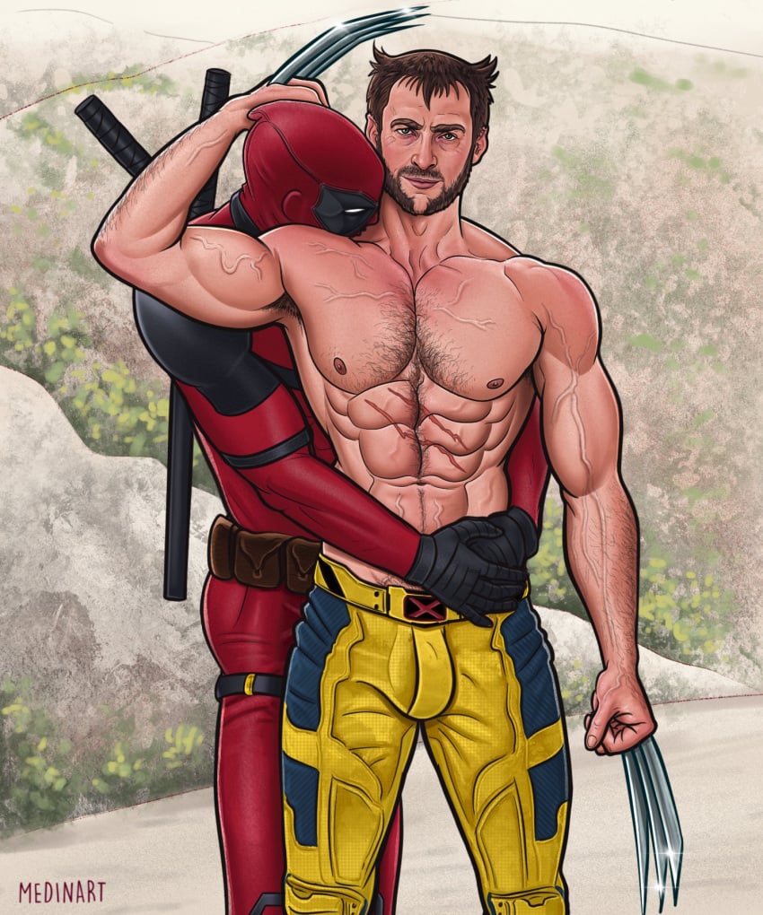 2boys actor celebrity deadpool deadpool_&_wolverine_(2024) gay hugh_jackman human human_only in_character james_howlett light-skinned_male light_skin male male_only marvel medinart_(david_medina) muscles muscular muscular_male ryan_reynolds shirtless_male wade_wilson wolverine_(x-men) x-men yaoi