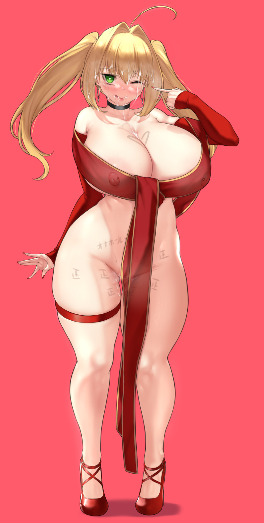 1girls areolae aster_crowley big_breasts big_thighs blonde_hair blush body_writing breasts busty cleavage cum cum_drip cum_in_pussy cum_on_face cum_on_hair cum_string curvy fate/grand_order fate_(series) female full_body green_eyes heart-shaped_pupils high_heels huge_breasts huge_thighs large_breasts large_thighs nero_claudius_(fate) nipple_piercing nipples one_eye_closed pussy see-through see-through_clothing solo standing thick_thighs thighs twintails voluptuous