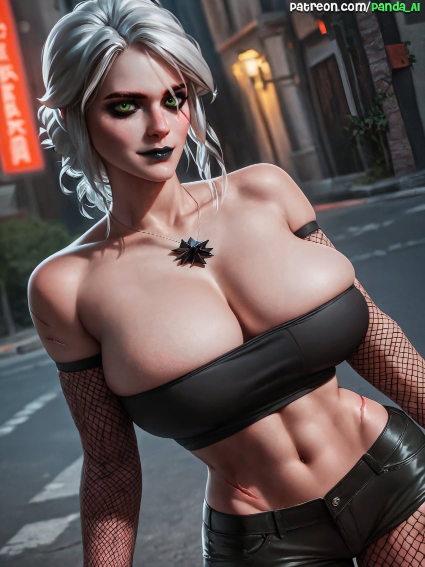 ai_generated big_breasts black_lips black_lipstick breasts ciri collar female fishnet_armwear fishnet_stockings fishnets goth goth_girl green_eyes light-skinned_female mascara outdoors pale-skinned_female pale_skin panda_ai scar solo the_witcher_(series) the_witcher_3:_wild_hunt white_hair