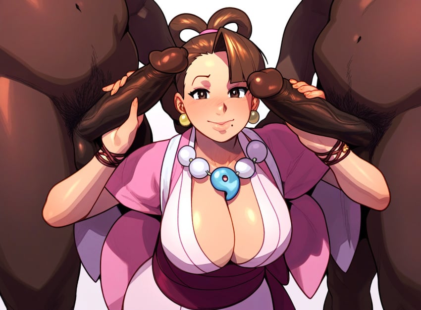 1girls 2boys aged_up ai_generated big_breasts big_penis black_cock black_male black_men black_penis blush breasts brown_eyes brown_hair dark-skinned_male dark_skin double_handjob erection fat_man female gyakuten_saiban hair_rings handjob hetero huge_cock human interracial interracial_sex japanese_female kimono light-skinned_female light_skin magatama magatama_necklace male male/female male_pubic_hair mature_female mia_fey mmf_threesome mole mole_under_mouth multiple_boys nervous_smile novelai pearl_fey penis penis_grab pickney piercing pink_kimono pubic_hair straight threesome veiny_penis very_dark_skin white_undershirt