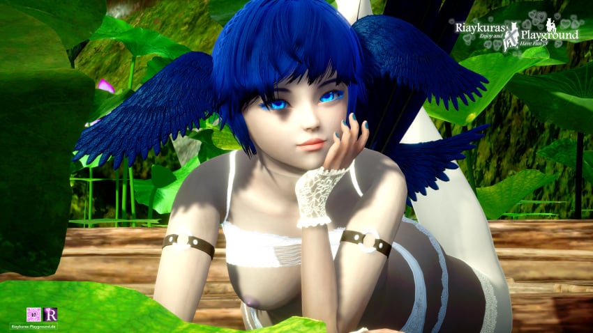 3d blue_eyes blue_hair breasts final_fantasy_xiv harpy harpy_humanoid lingerie meteion riaykuras_playground square_enix tits wings_on_head