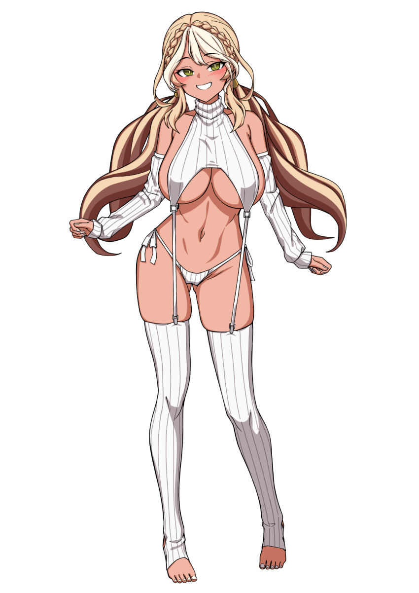 andromeda_(fate) andromeda_(first_ascension)_(fate) bare_shoulders blonde_hair blush braid breasts dark-skinned_female dark_skin detached_sleeves fate/grand_order fate_(series) female full_body gluteal_fold green_eyes grin highres large_breasts long_hair multicolored_hair muta_poo navel panties simple_background smile solo thighhighs twintails two-tone_hair underwear white_background white_panties white_thighhighs