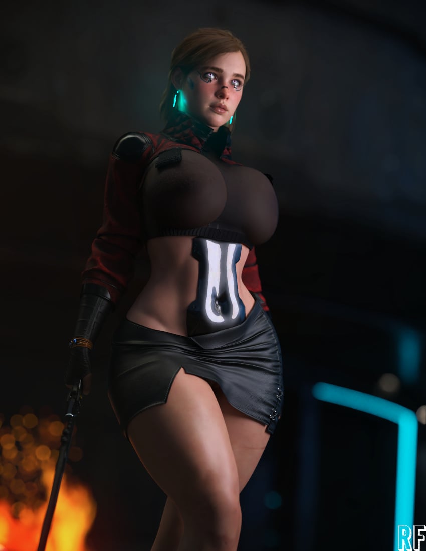 1girls 3d alternate_breast_size blurry_background crossover curvaceous curvy curvy_female cybernetics cyberpunk cyberpunk_2077 ellie_(the_last_of_us) ellie_williams female female_only freckles freckles_on_face glowing_earrings highres holding_baton huge_breasts human large_breasts make_up pink_eyes rude_frog see-through_top solo text the_last_of_us the_last_of_us_2 thick_thighs