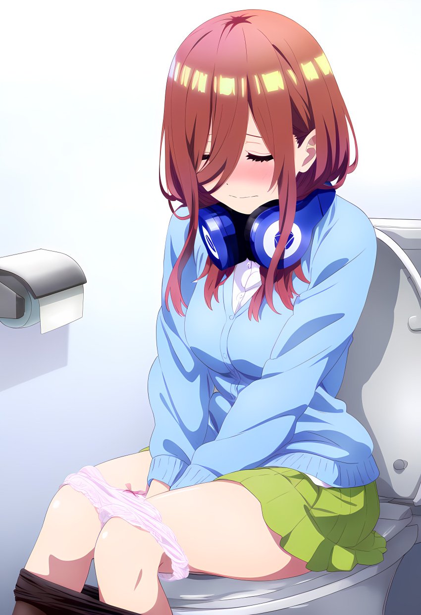 ai_generated bathroom black_pantyhose blush closed_eyes female go-toubun_no_hanayome headphones long_hair nakano_miku open_mouth panty_pull pantyhose pantyhose_pull red_hair relief restroom toilet toilet_use