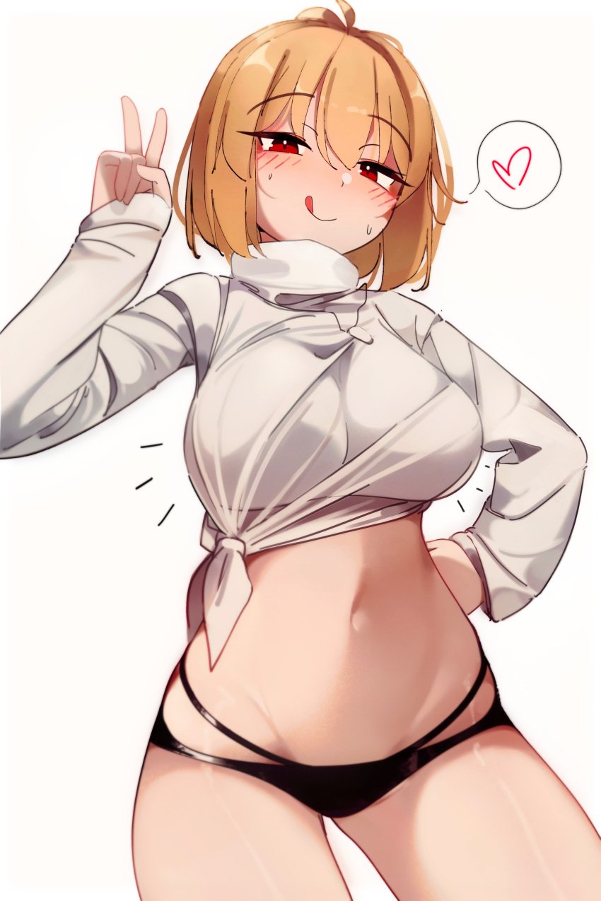 :p absurdres ahoge almost_naked arcueid_brunestud bedroom_eyes black_panties black_underwear blonde_hair blush blush breasts closed_mouth deko_morii female hand_on_own_hip heart highres huge_breasts large_breasts looking_at_viewer midriff navel panties red_eyes shirt short_hair simple_background solo spoken_heart sweater tied_shirt tongue tongue_out tsukihime tsukihime_(remake) turtleneck turtleneck_sweater type-moon underwear v vampire vampire_girl white_sweater