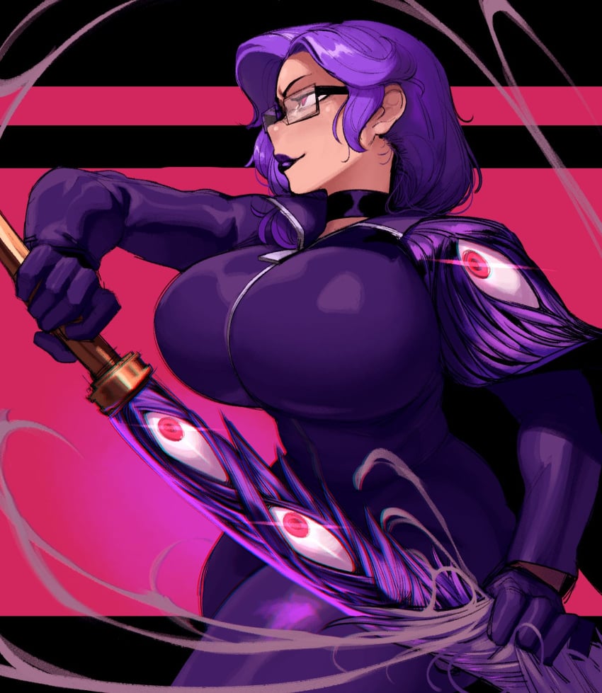 big_breasts bodysuit choker drawing_sword e.g.o glasses goes_hard holding_sword holding_weapon krekk0v large_breasts limbus_company oc olivia_(izzetlightning1) original_character project_moon purple_hair solo solo_female solo_focus sword