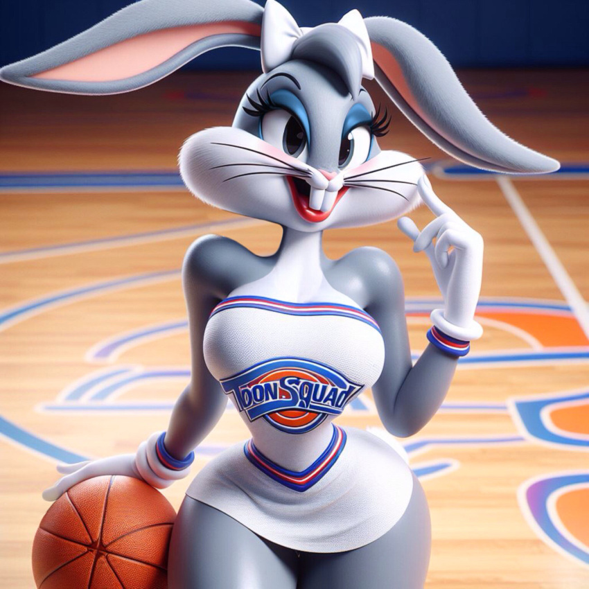 1girls after_transformation ai_generated basketball basketball_court big_breasts bimbofication bimbofied bow breasts bugs_bunny busty cheerleader cheerleader_uniform clothing curvaceous curvy_figure edited female furry looney_tunes mtf_transformation rule_63 solo solo_female space_jam thick_thighs voluptuous_female