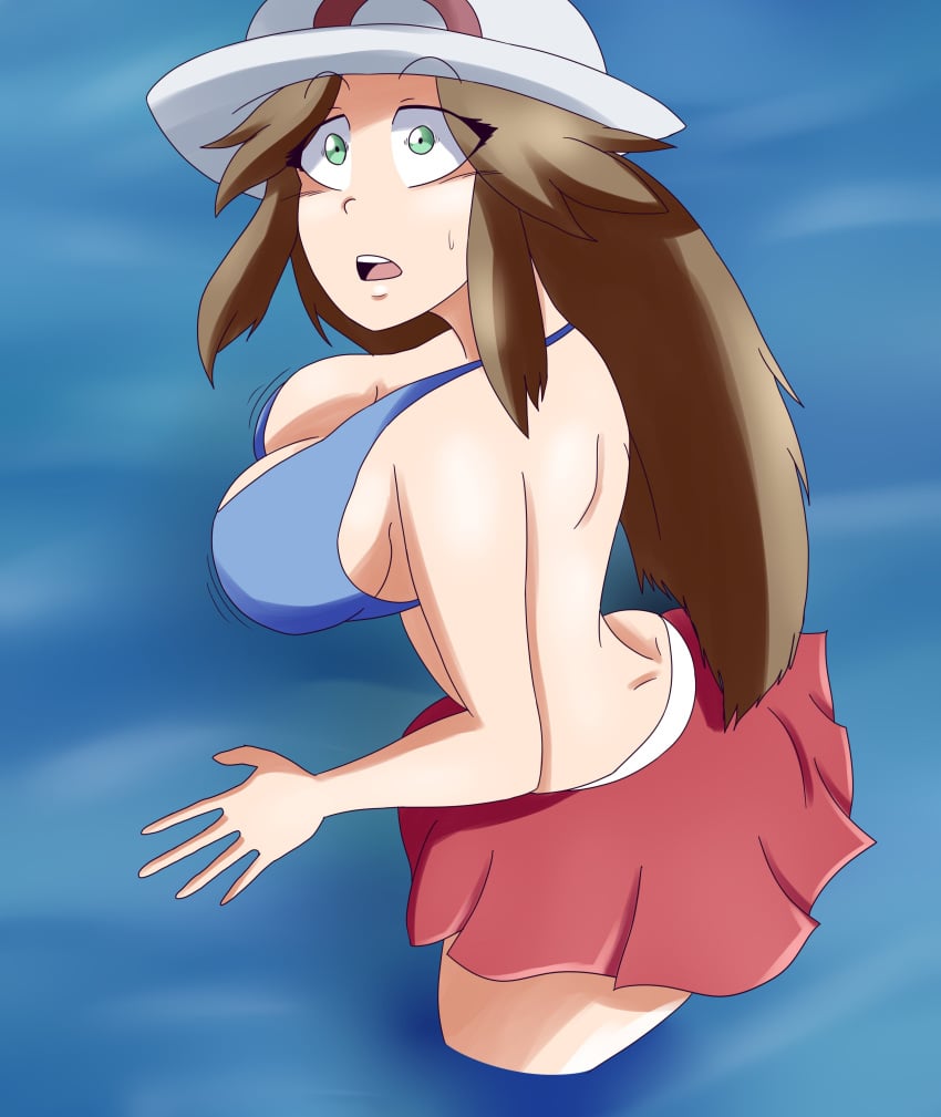 1girls big_breasts bra breasts female_only full_comfort hat leaf_(pokemon) pokemon tagme water