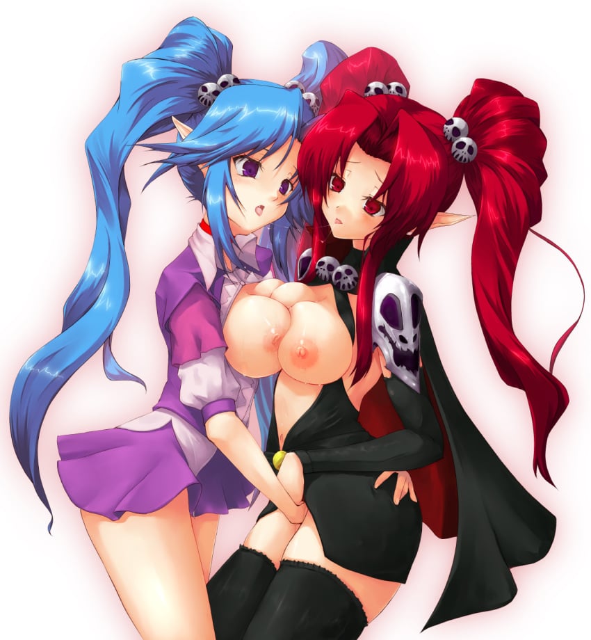 blue_hair breast_press breast_to_breast breasts copyright_request female female_only hair_ornament highres kuku_px multiple_girls no_visible_genitalia open_mouth pointy_ears purple_eyes red_eyes red_hair skull skull_hair_ornament symmetrical_docking thighhighs tied_hair tongue twintails yuri zettai_ryouiki