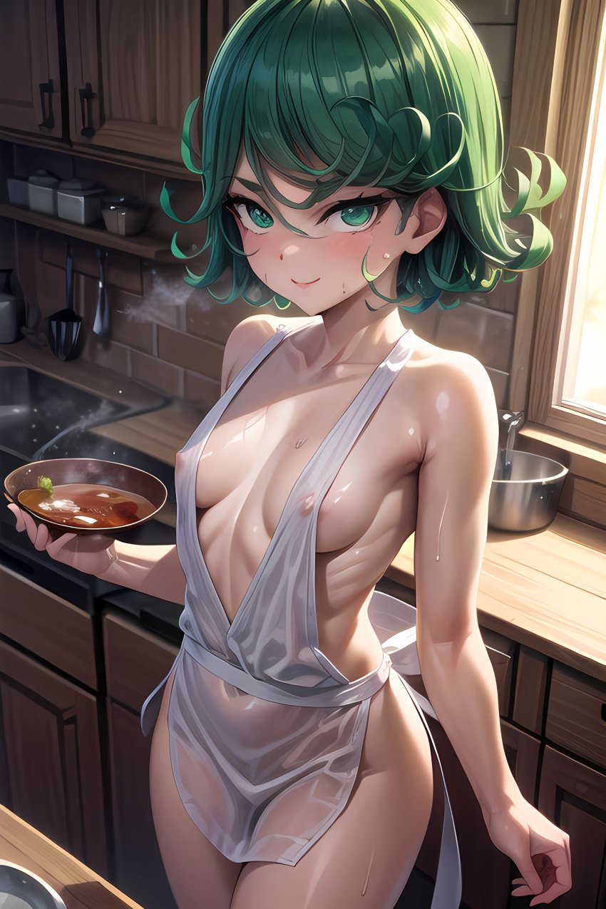 1girls ai_generated cooking green_eyes green_hair kitchen naked_apron one-punch_man skybeaai tatsumaki transparent_clothing