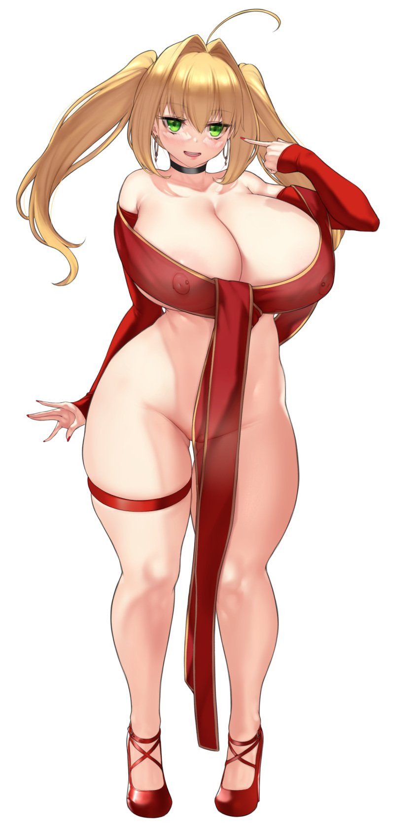 1girls areolae aster_crowley big_breasts big_thighs blonde_hair blush body_writing breasts busty cleavage cum cum_drip cum_in_pussy cum_on_face cum_on_hair cum_string curvy fate/grand_order fate_(series) female full_body green_eyes heart-shaped_pupils high_heels huge_breasts huge_thighs large_breasts large_thighs nero_claudius_(fate) nipple_piercing nipples one_eye_closed pussy see-through see-through_clothing solo standing thick_thighs thighs twintails voluptuous