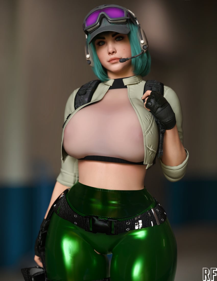 3d artist_logo black_gloves blue_eyes blurry_background clothed curvaceous curvy curvy_female cyan_hair dyed_hair ela_(rainbow_six) fingerless_gloves goggles goggles_on_head green_pants headgear headset headwear highres large_breasts latex_pants nipples_visible_through_clothing rainbow_six_siege rude_frog tactical_gear