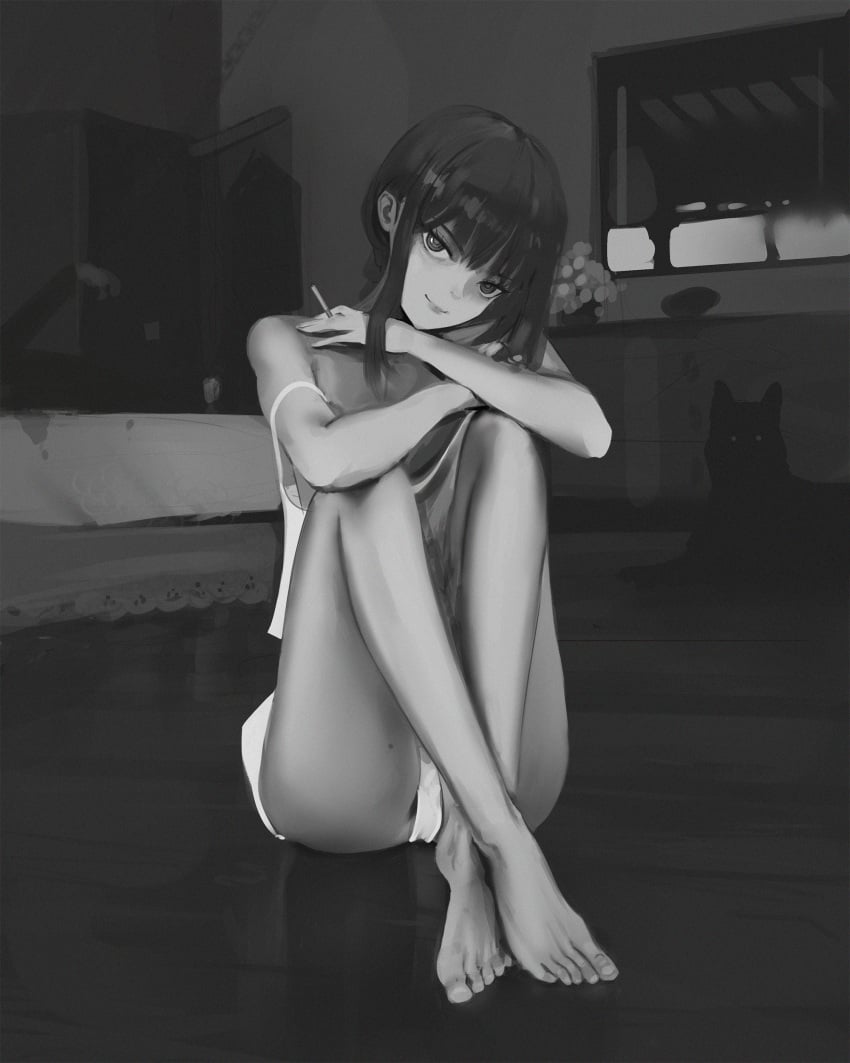 1girls arms_on_knees canine chainsaw_man cigarette crossed_arms feet female greyscale knees_up looking_at_viewer makima_(chainsaw_man) mawaw mole mole_on_thigh on_floor ringed_eyes sidelocks tank_top