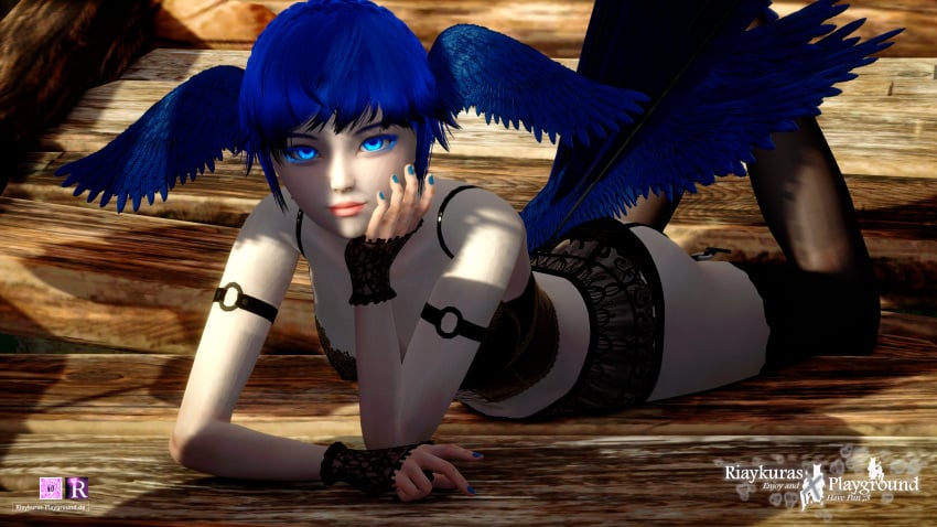 3d black_lingerie blue_eyes blue_hair final_fantasy_xiv harpy harpy_humanoid laying laying_on_stomach lingerie meteion riaykuras_playground square_enix wings_on_head