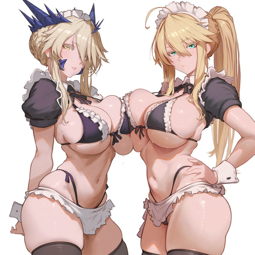 2girls ai_generated artoria_pendragon artoria_pendragon_(lancer) artoria_pendragon_(lancer_alter) breasts fate/grand_order fate_(series) female green_eyes huge_breasts large_breasts light-skinned_female light_skin long_hair long_ponytail maid maid_bikini maid_headdress maid_outfit maid_uniform mocase ponytail simple_background stockings take_your_pick white_fur yellow_eyes