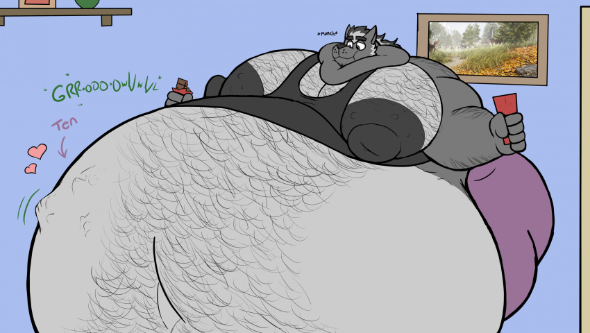 big_belly big_moobs big_neck chocolate_bar grey_fur gwyn_(tykehictow) vore vore_belly