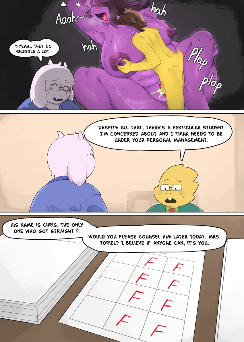 1boy 3girls alphys anthro bbw big_belly big_breasts big_nipples breasts comic comic_page cum cum_in_pussy deltarune english_text female female_on_human furry human human_on_anthro kris_(deltarune) kris_dreemurr larger_female lizard_girl male male/female milf panting penis plump purple_hair purple_skin pussy susie_(deltarune) sweating thenewpassion thick_thighs toriel undertale undertale_(series) vaginal_penetration