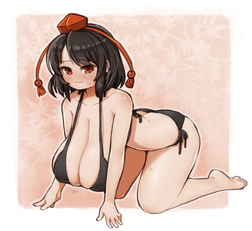 barefoot bikini black_hair blush breasts cleavage embarrassed female hat highres huge_breasts ichika_(ichika_manga) koumajou_densetsu red_eyes sagging_breasts shameimaru_aya short_hair solo sweat sweatdrop swimsuit tokin_hat touhou