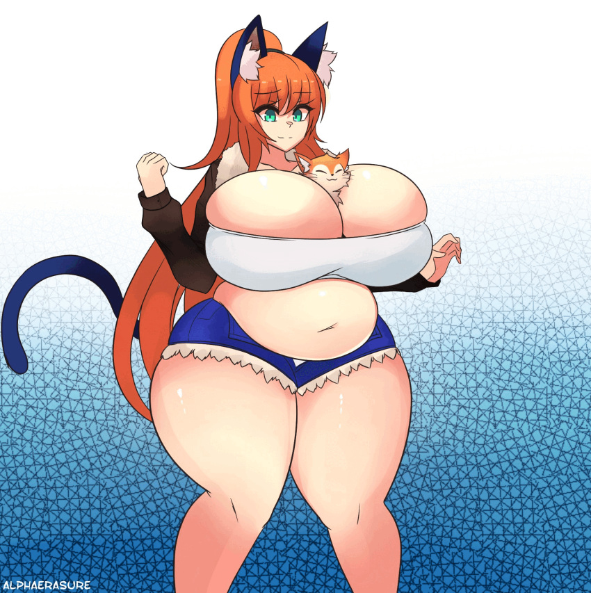 alphaerasure ass_expansion belly blue_eyes breast_expansion cat_ears cat_tail chubby feline hourglass_expansion jacket jacket_open orange_cat orange_hair panicking ponytail shorts white_topwear