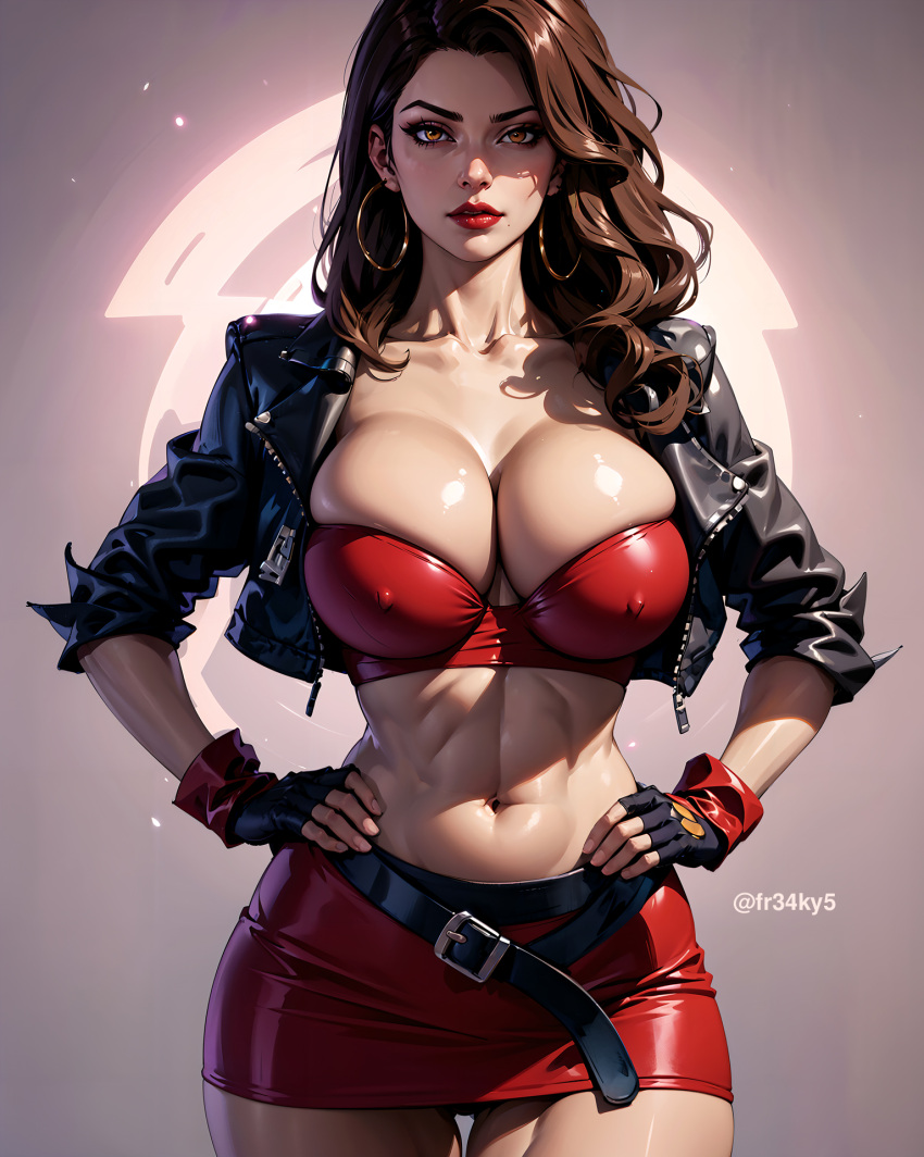 1girls ai_generated belt big_breasts blaze_fielding breasts brown_eyes brown_hair cleavage covered_nipples dark-skinned_female earrings female fr34ky gloves hand_on_hip jacket large_breasts long_hair looking_at_viewer navel skirt solo streets_of_rage thick_thighs