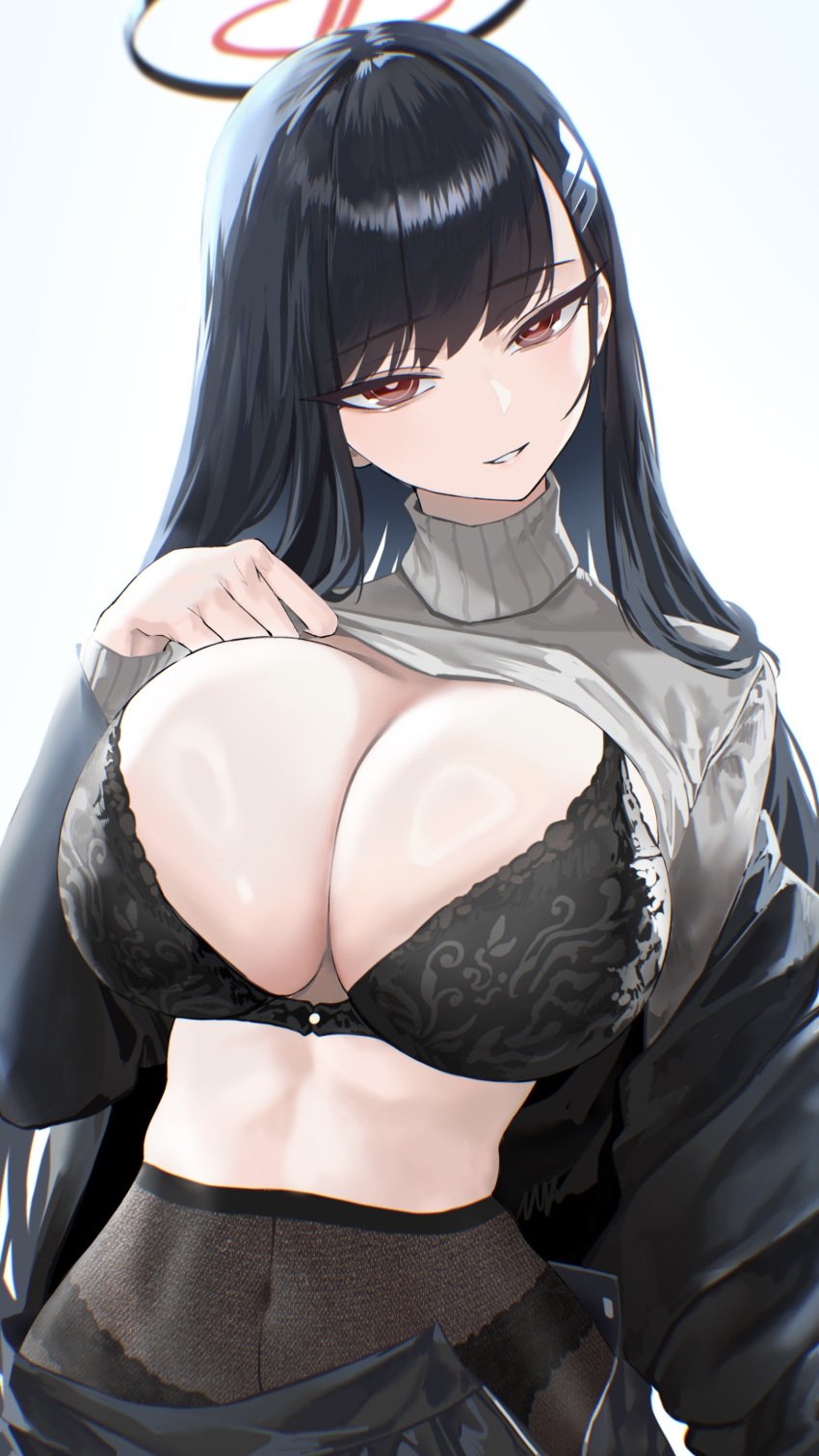 1girls black_hair blue_archive bra breasts female halo huge_breasts kazane-wind light-skinned_female light_skin long_hair millennium_science_school_student naughty_face red_eyes rio_(blue_archive) seminar_(blue_archive) seminar_president smile student_council_president thick_thighs top_lift wide_hips