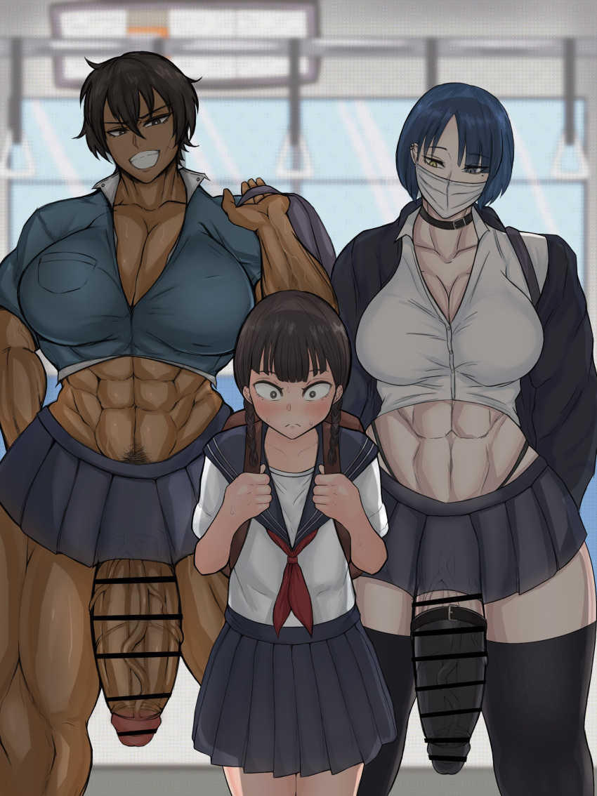 1girls 2futas abs biceps big_breasts big_penis breasts clothed clothing dark-skinned_futanari dark_skin female fully_clothed futanari human imminent_sex larger_futanari light-skinned_female light-skinned_futanari light_skin mask mostly_clothed muscular muscular_futanari nervous partially_clothed penis short_hair size_difference smaller_female soutoku standing taller_girl thighhighs