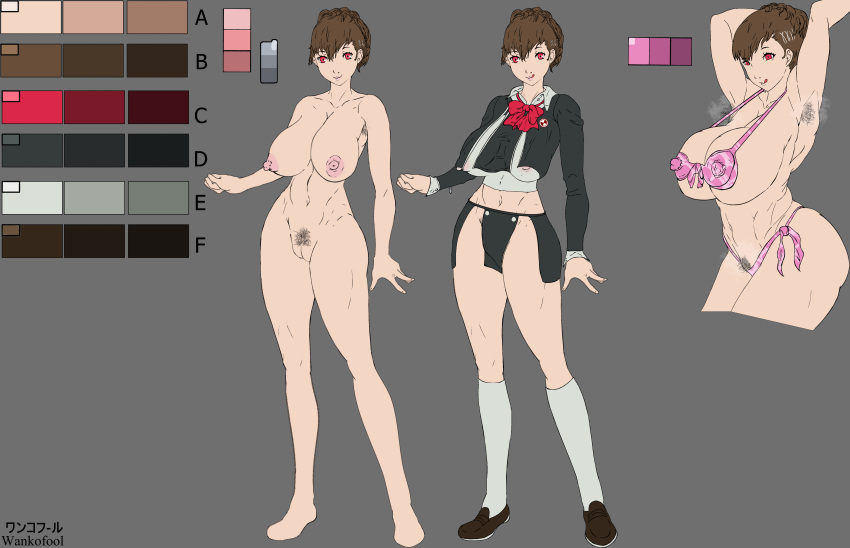 atlus big_ass big_breasts character_sheet clothing female female_protagonist_(persona_3) human impossible_clothes kotone_shiomi pale_skin persona persona_3 pubic_hair smiling thick_thighs wankofool