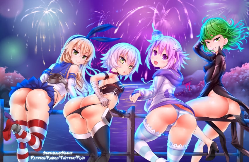 4girls ass choujigen_game_neptune crossover fate_(series) female female_only jack_the_ripper_(fate/apocrypha) kantai_collection multiple_girls neptune_(neptunia) neptunia_(series) one-punch_man panties sereneandsilent shimakaze_(kantai_collection) tatsumaki