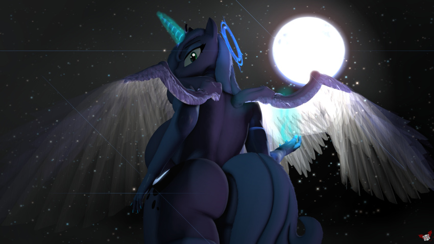 16:9 3d_(artwork) 4k absurd_res alicorn anthro anthrofied ass big_breasts big_butt breasts digital_media_(artwork) equid friendship_is_magic halo hasbro hi_res horn huge_breasts looking_back mammal moon my_little_pony naughty_cube nude princess_luna_(mlp) star unicorn widescreen winged wings