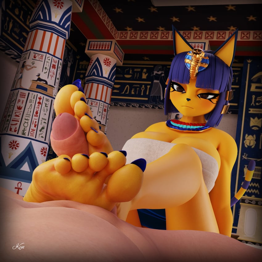 1:1 5_toes absurd_res animal_crossing ankha ankha_(animal_crossing) annoyed anthro barefoot blue_nails blue_toenails claws clothed clothing colored_nails domestic_cat duo feet felid feline felis female foot_fetish foot_focus foot_play footjob hi_res human kenaga male male/female mammal nails nintendo sex temple toe_claws toes yellow_body