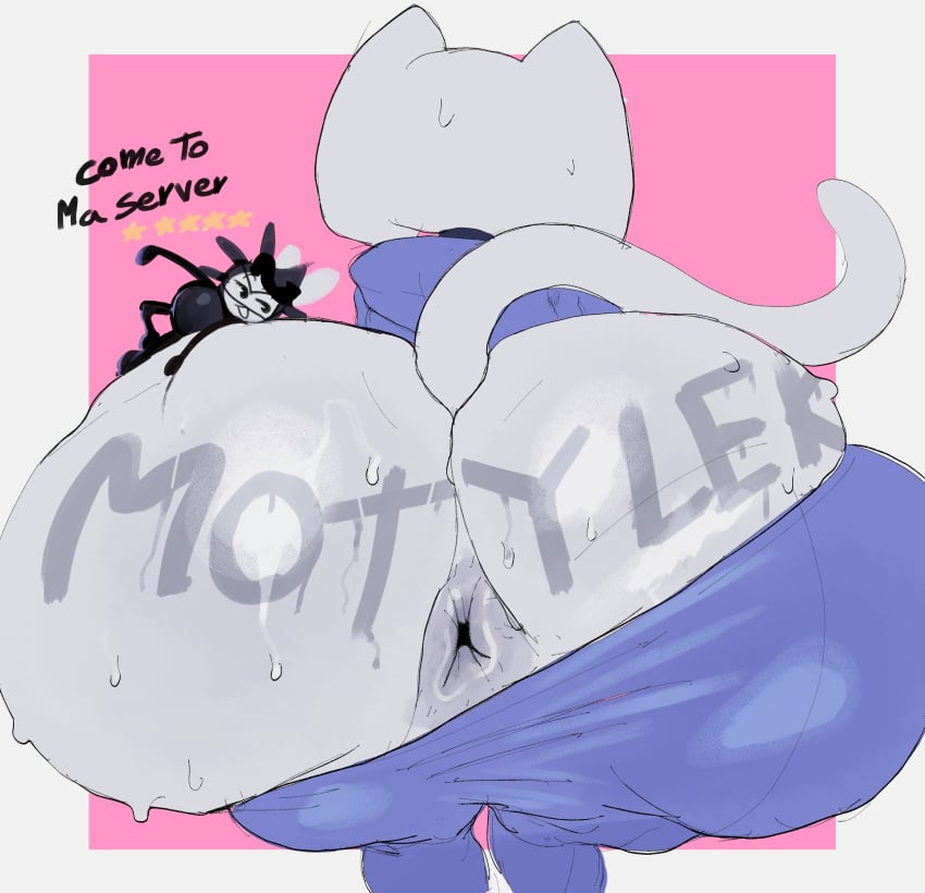 absurd_res ambiguous_gender ambiguous_species anthro anus ass big_butt bodily_fluids body_writing bottomwear clothing clyde_(discord) discord_(app) domestic_cat duo english_text felid feline felis hi_res hoodie huge_butt hyper hyper_butt larger_ambiguous mammal motylek open_mouth pants size_difference smaller_ambiguous sweat sweaty_butt text topwear white_body writing_on_butt