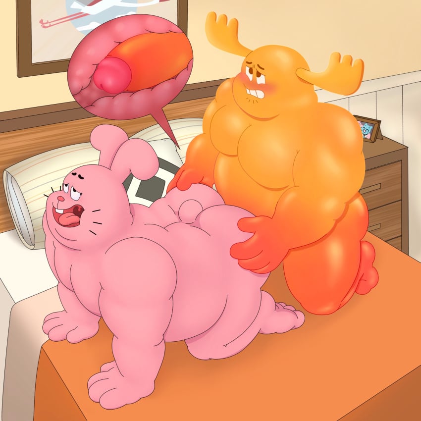 2024 2boys all_fours anal anal_sex anthro ass bed belly blush cartoon_network detailed_background duo furniture gay hi_res lagomorph leporid male male/male mammal moobs musclegut muscular orange_body overweight overweight_male patrick_fitzgerald pillow pink_body poppyseed211 rabbit richard_watterson sex the_amazing_world_of_gumball x-ray