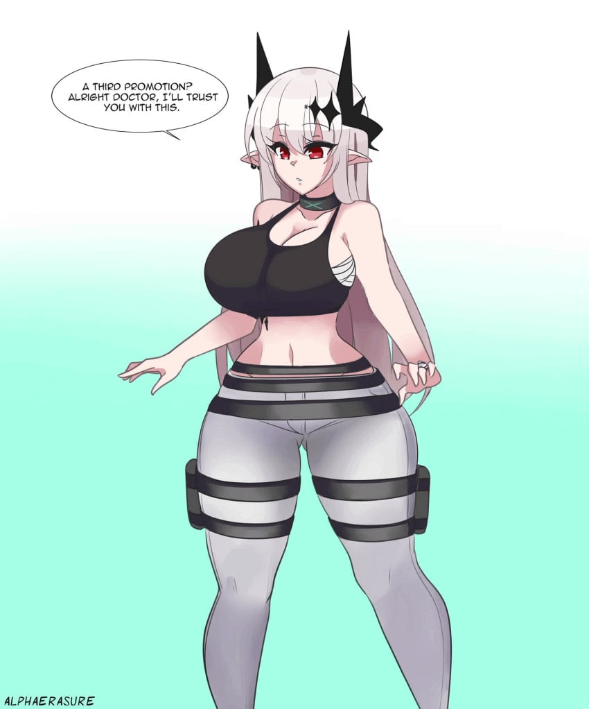 alphaerasure animated arknights ass_expansion bandages big_breasts black_tanktop blush breast_expansion crown gif hourglass_expansion jeans long_ears long_hair mudrock_(arknights) red_eyes straps thick_thighs torn_clothes white_hair white_jeans white_legwear