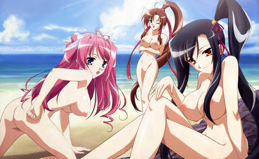 3girls ass bachou_mouki_(koihime) bb blush breasts kan'u_unchou_(koihime) koihime†_(series) koihime_musou large_breasts multiple_girls nude nude_filter photoshop pussy ryuubi_gentoku_(koihime) smile uncensored wink zenra