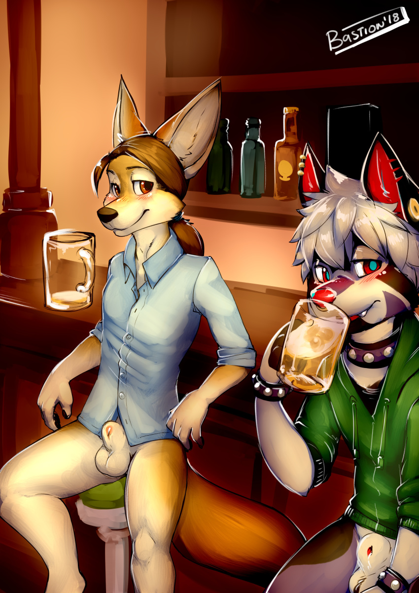 alcohol animal_genitalia anthro balls bastion beer beverage blush bottomless brown_eyes brown_fur canine clothed clothing collar cute_fangs drunk duo fennec fox fully_sheathed fur girly hoodie male male_only mammal public red_nose sheath