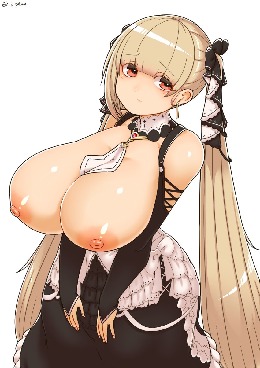 areolae asymmetrical_hair azur_lane bangs bare_shoulders black_dress blonde_female blonde_hair blunt_bangs breasts breasts_out bridal_gauntlets closed_mouth collar dress earrings eyebrows_visible_through_hair female formidable_(azur_lane) frilled_dress frills hair_ribbon haku_hakujou_daimaou highres huge_breasts jewelry long_hair nipples platinum_blonde_hair red_eyes ribbon simple_background solo twintails white_background