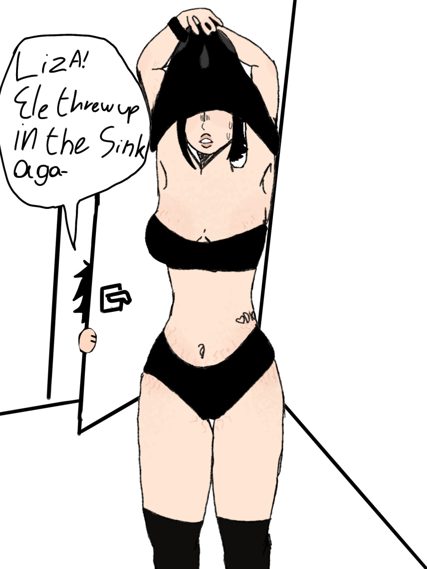 black_hair bystander changing cleavage female jojo_oc joke liza_wolf(oc) mature_woman oc open_door peeping shirt_over_head short_hair speech_bubble stretch_marks tattoo thigh_highs tobias_sato(oc) underwear_down