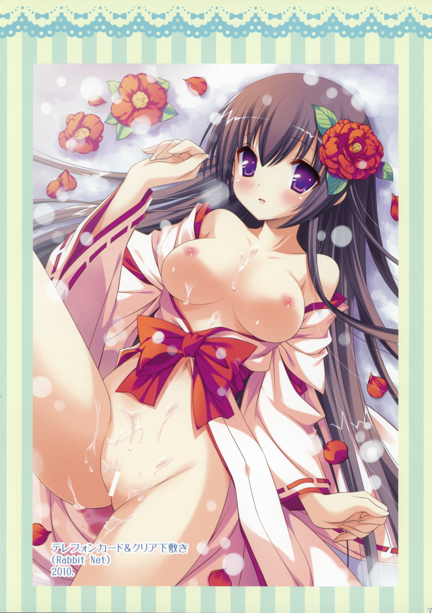 an_an_wanco black_hair breasts censor_bar censored copyright_request cum cum_on_body cum_on_breasts cum_on_pussy cum_on_upper_body flower hair_flower hair_ornament high_resolution inugahora_an japanese_clothes kimono lying miko nipples no_bra nopan open_clothes open_kimono open_shirt petals purple_eyes pussy rose rose_petals shirt snow snowing spread_legs