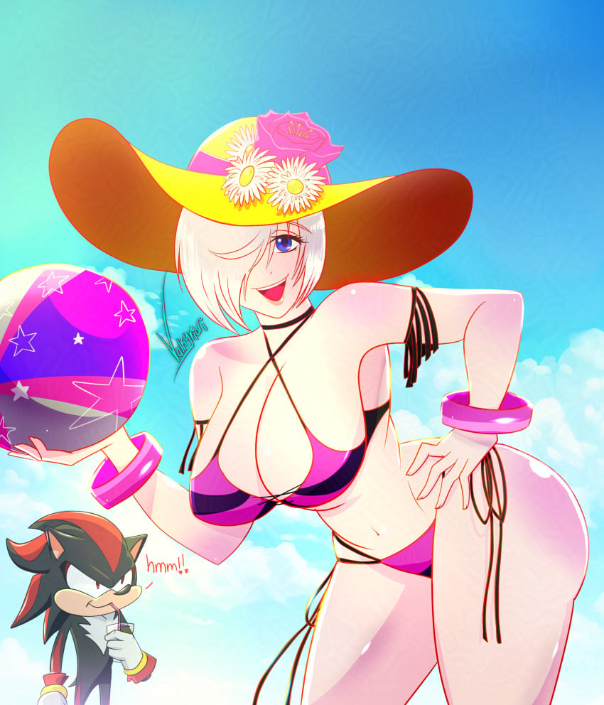 1girl absurdres angel_(kof) animal_nose artist_name ball beach_ball beachball big_breasts bikini black_fur blue_eyes blue_sky body_fur bracelet bracelets breasts cleavage cloud commentary day english_commentary flower furry furry_male gold_bracelet hair_over_one_eye hand_on_own_hip happy hat hat_flower hedgehog_boy highres holding holding_ball holding_beachball i_just_love_latinas_sonic jewelry king_of_fighters king_of_fighters_all_stars large_breasts looking_at_viewer multicolored_fur navel official_alternate_costume outdoors red_fur sega shadow_the_hedgehog short_hair short_tail side-tie_bikini_bottom side-tie_bottom sky smile snk solo sonic_(series) sonic_the_hedgehog_(series) straw_hat swimsuit tail the_king_of_fighters the_king_of_fighters_all-stars thick_thighs thighs thin_waist toned toned_female two-tone_fur valkyriori white_hair wide_hips