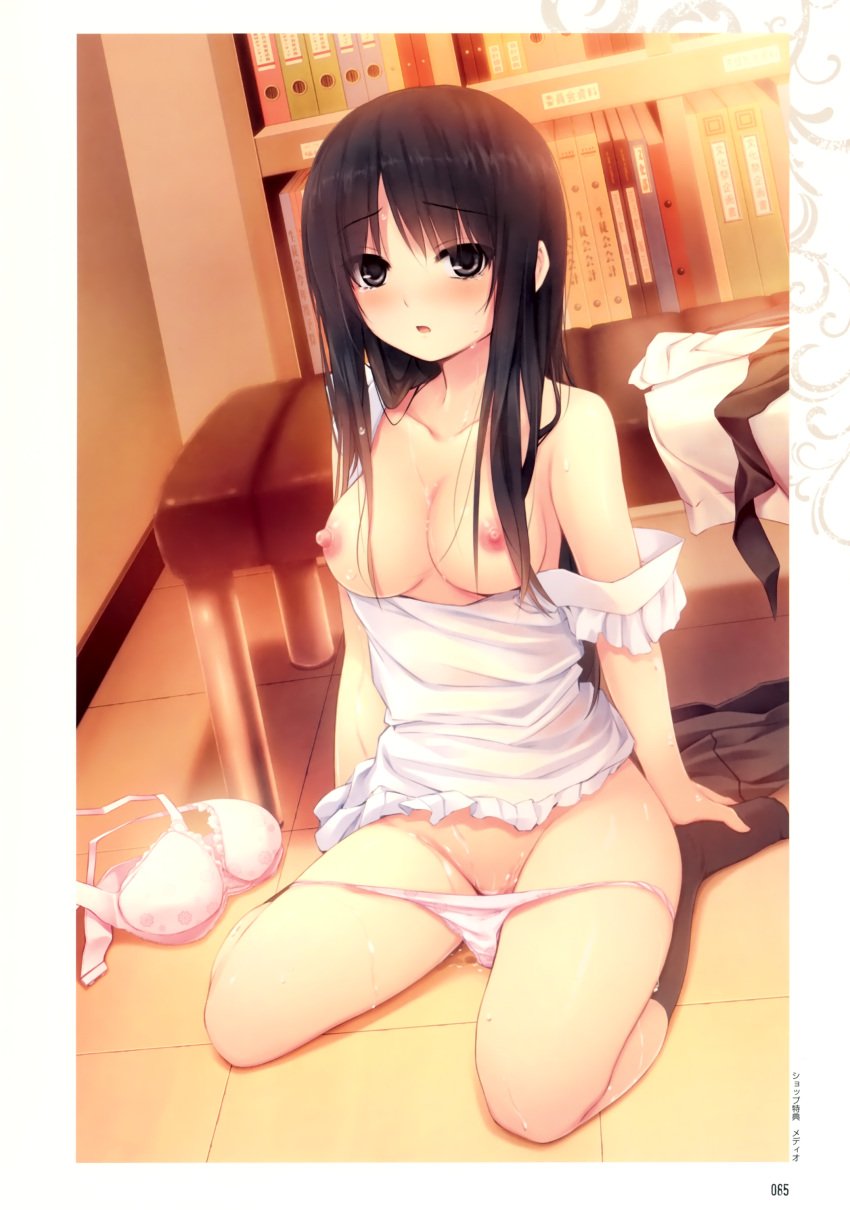 1girls apron black_eyes black_hair black_legwear blush bookshelf bra breasts coffee-kizoku cum cure_girl feet female hands_on_feet highres kneehighs kunimura_kotone lingerie long_hair naked_apron nipples no_shoes panties panty_pull pink_panties png pussy_juice sitting solo tear underwear wariza white_panties