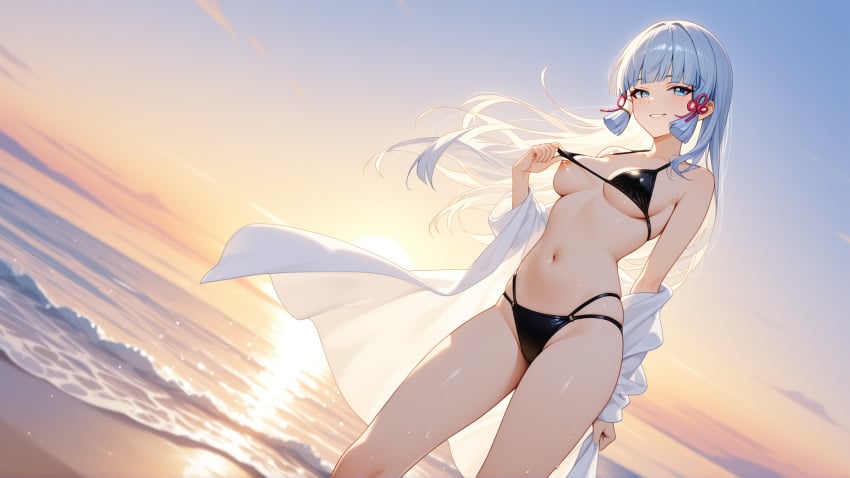 1girl ai_generated animated anime ass beach blue_hair blush boobs breasts cheeks female female_only fuckable_butt genshin_impact high_resolution highres horny hoyoverse kamisato_ayaka light_skin naked nipples no_bra no_panties ocean palm_tree pink_nipples pussy revealing revealing_clothes seaside slim sunset tits