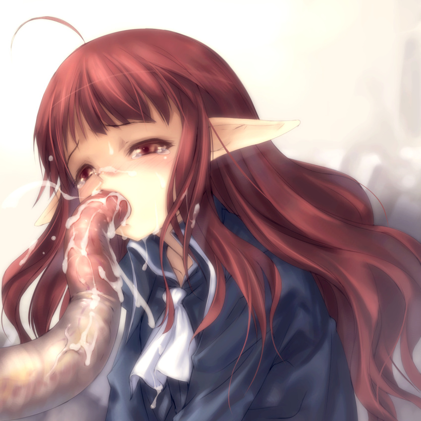 1girls ahoge blush brown_eyes brown_hair character_request clothed_sex clothing copyright_request cum cum_in_mouth cum_inside elf facial female highres hitomaru long_hair open_mouth oral penetration pink_tentacles pointy_ears school_uniform shirt solo tear tears tentacle