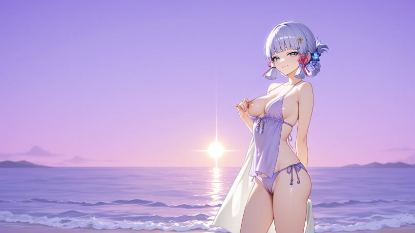 1girl ai_generated animated anime ass beach blush boobs breasts cheeks female female_only fuckable_butt genshin_impact high_resolution highres horny hoyoverse kamisato_ayaka light_skin naked nipples no_bra no_panties ocean palm_tree pink_hair pink_nipples pussy revealing revealing_clothes seaside slim sunset tits