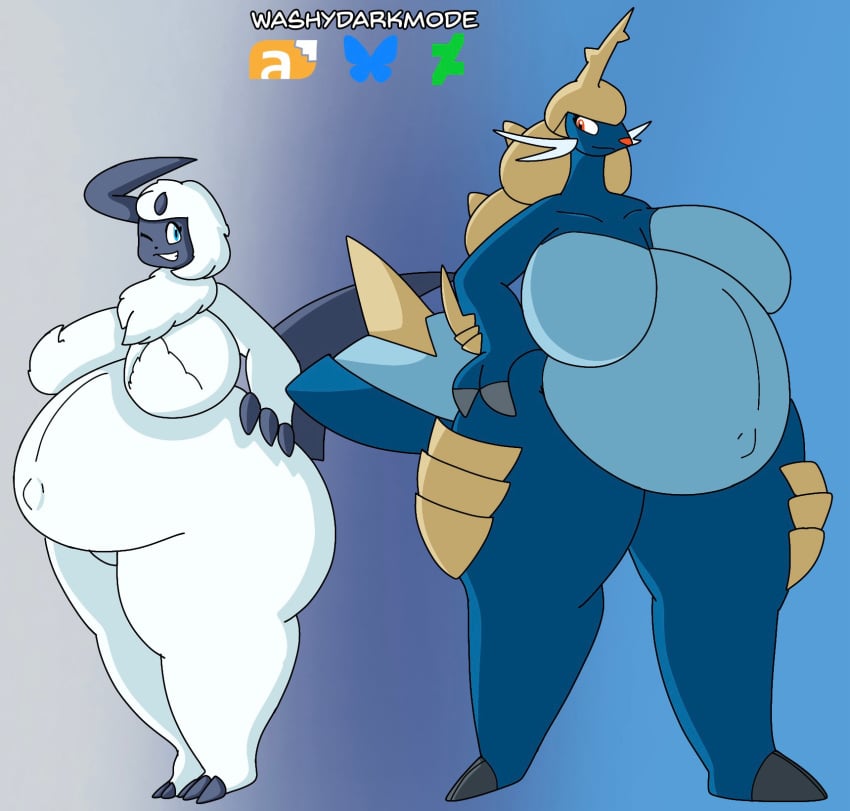 2girls absol big_breasts breasts cleavage elizabeth_(anascarfan2) featureless_breasts female female/female furry game_freak hand_on_hip helmet huge_breasts hyper_pregnancy morgan_(anascarfan2) navel nintendo outie_navel pokemon pokemon_(species) pregnant ready_to_pop samurott tagme thick_thighs washydarkmode wide_hips