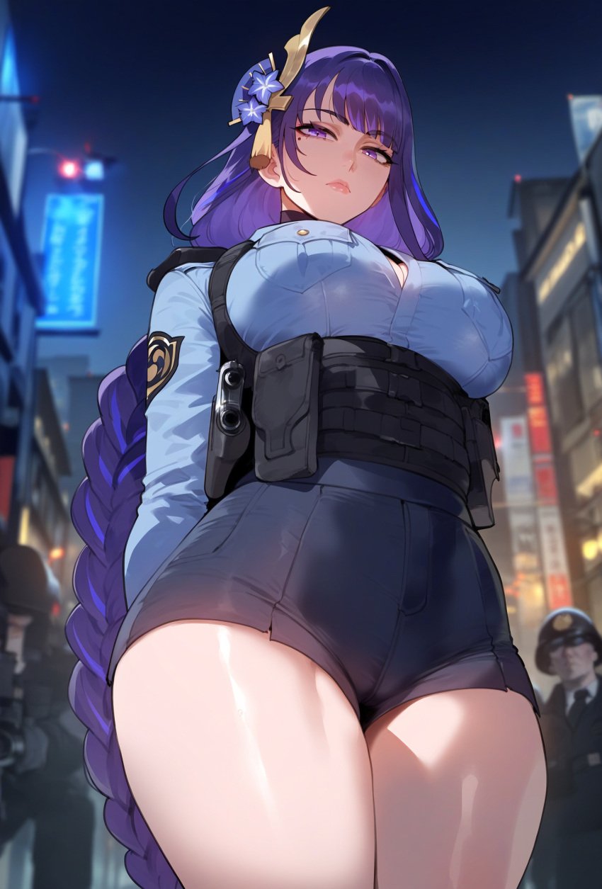 1girls 2boys ai_generated alternate_costume arms_behind_back ass bangs blue_shirt blush bra_peek braid braided_ponytail breast_pocket breasts building city closed_mouth clothing curvaceous curvaceous_female curvaceous_figure curvy curvy_figure female female_focus female_only flower genshin_impact gun hair_flower hair_ornament hoyoverse huge_breasts jacket large_breasts lips long_hair long_sleeves looking_at_viewer male mihoyo miyuai mole mole_under_eye multiple_boys necktie night night_sky outdoors pocket police police_badge police_hat police_uniform policeman policewoman ponytail purple_eyes purple_hair raiden_shogun road shirt short_shorts shorts single_braid sky solo solo_focus standing street thick_thighs thighs uniform very_long_hair voluptuous voluptuous_female walkie-talkie weapon white_shirt wide_hips