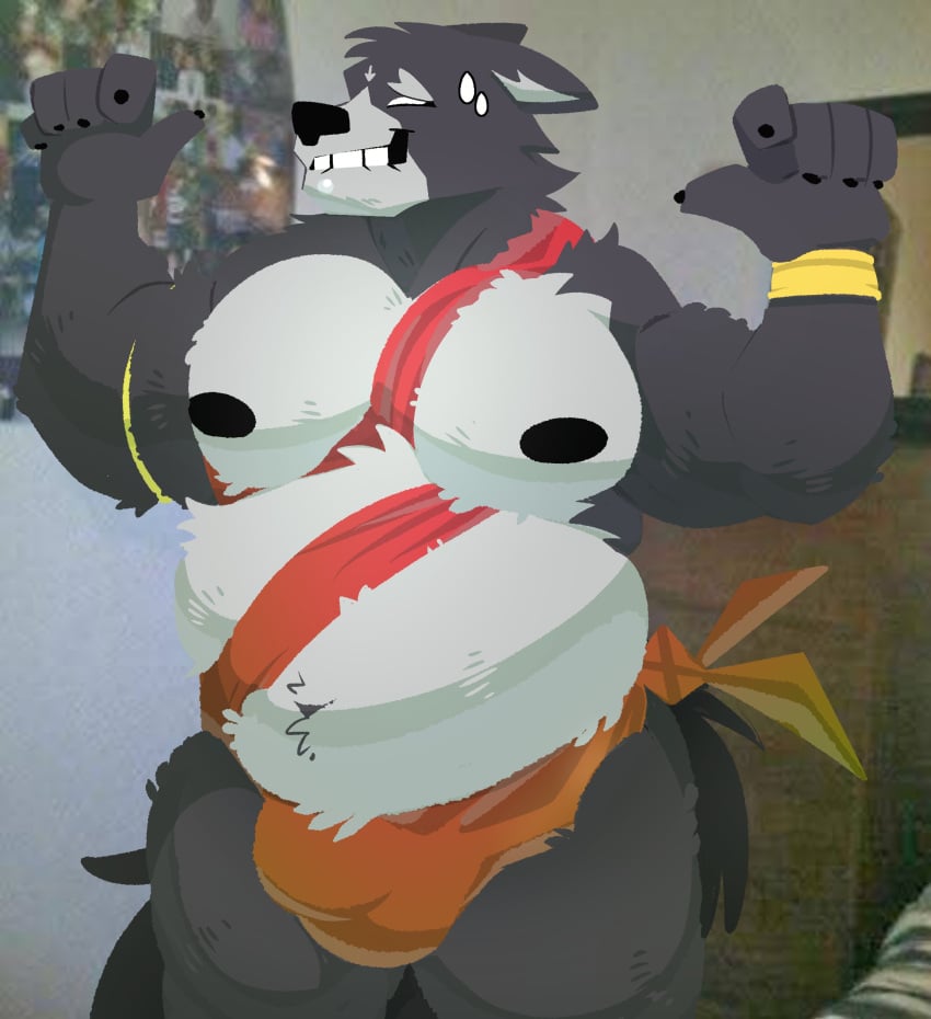 absurd_res adastra adastra_(series) amicus_(adastra) anthro belly big_belly big_bulge biped bulge canid canine canis clothed clothing detailed_bulge echo_project ghostlymainfra1 gift hi_res male male_anthro mammal muscular muscular_male nervous nervous_smile nipples overweight overweight_anthro overweight_male pecs smile solo wolf wrapped wrapped_gift