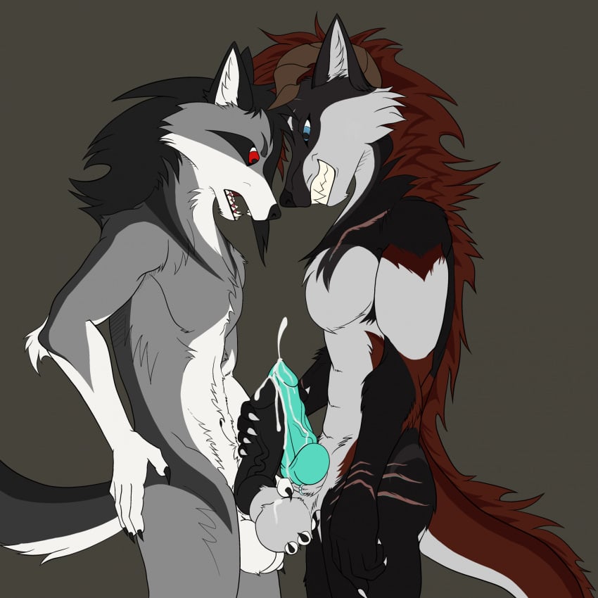 abs animal_genitalia animal_penis anthro ball_grab balls belly big_balls black_body black_fur black_penis blue_eyes bodily_fluids canid canine canine_genitalia canine_penis canis clenched_teeth cum cum_on_balls cum_on_penis cumshot duo ejaculation fauke fauke_(artist) frottage fur genital_fluids genitals glowing glowing_genitalia grey_body grey_fur hair hi_res horn hybrid knot male male/male mammal mane mane_hair penile penis red_eyes scar sex simple_background teeth teeth_showing touching_balls white_belly wolf