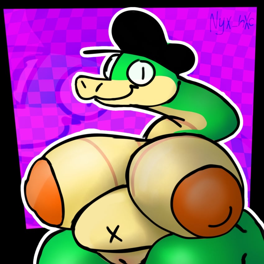 1:1 anthro armless ass big_breasts big_butt big_nipples black_clothing black_hat black_headwear blush body_blush breasts clothing derpy female genitals hat hat_only headgear headgear_only headwear headwear_only hi_res huge_breasts huge_butt huge_thighs hyper lucy_swallows mostly_nude navel newsboy_cap nipples nude nude_anthro nude_female nyxhxc pussy pussy_blush reptile scalie shaded snake solo thick_thighs vibrant_background wide_hips