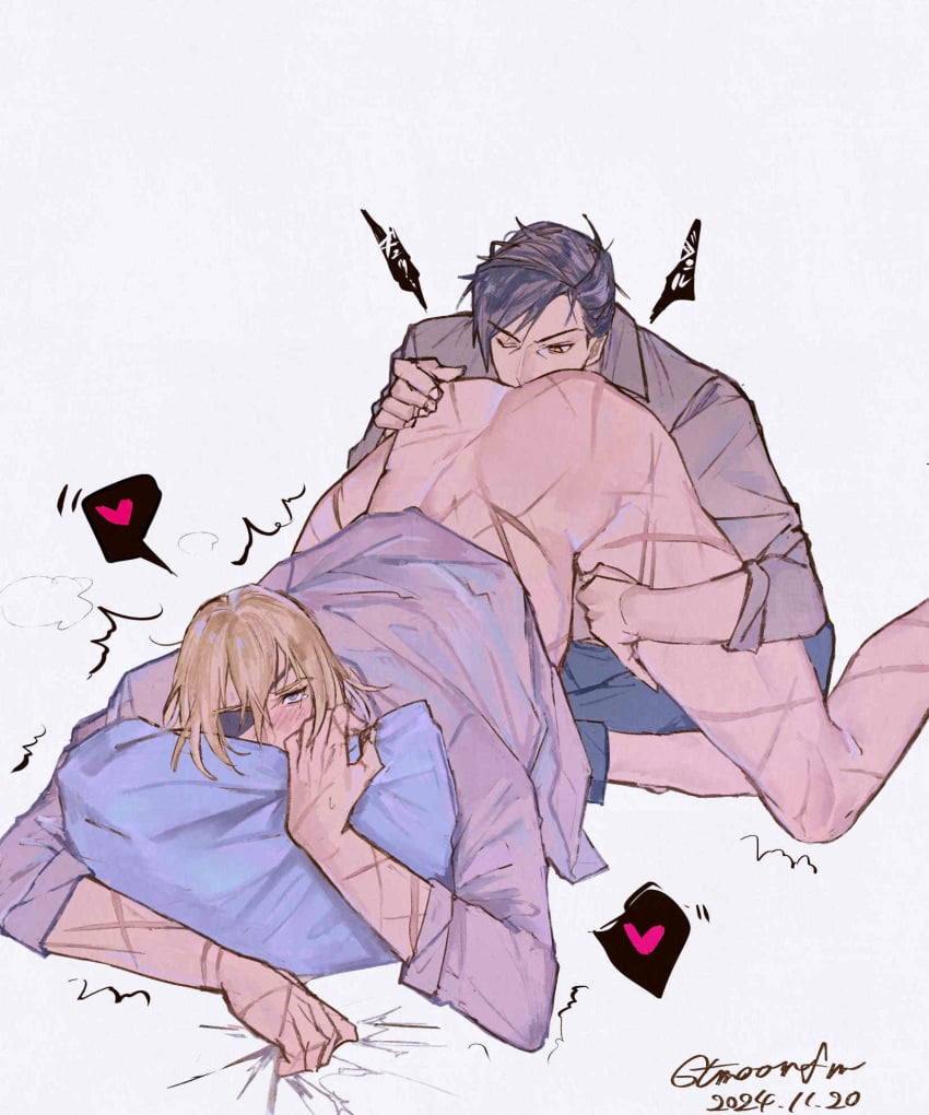2024 2boys ass black_hair blonde_hair blue_eyes blush brown_eyes digital_media_(artwork) dimitri_alexandre_blaiddyd eating_ass eyepatch felix_hugo_fraldarius fire_emblem fire_emblem:_three_houses gay gay_sex gtmoonfm heart male male/male partially_clothed pillow rimming scar yaoi